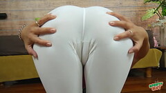 Beautiful Puffy Cameltoe On Petite Body! Tight White Leggings! Thumb