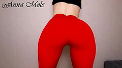 PAWG in red leggings and high heels wags her ass and masturbates her pussy close up Thumb